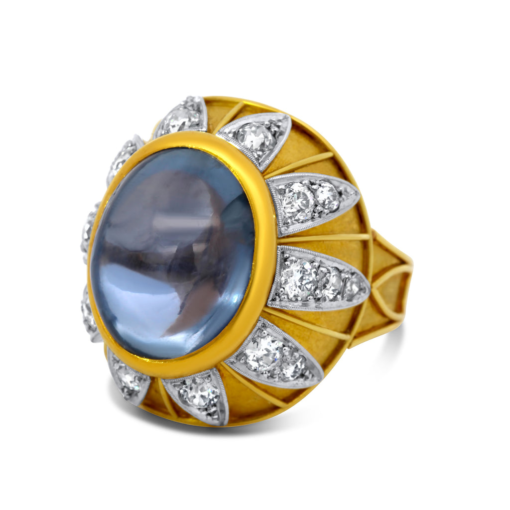18k yellow gold blue sapphire cabochon diamond statement ring designyard vintage jewellery collection dublin ireland 