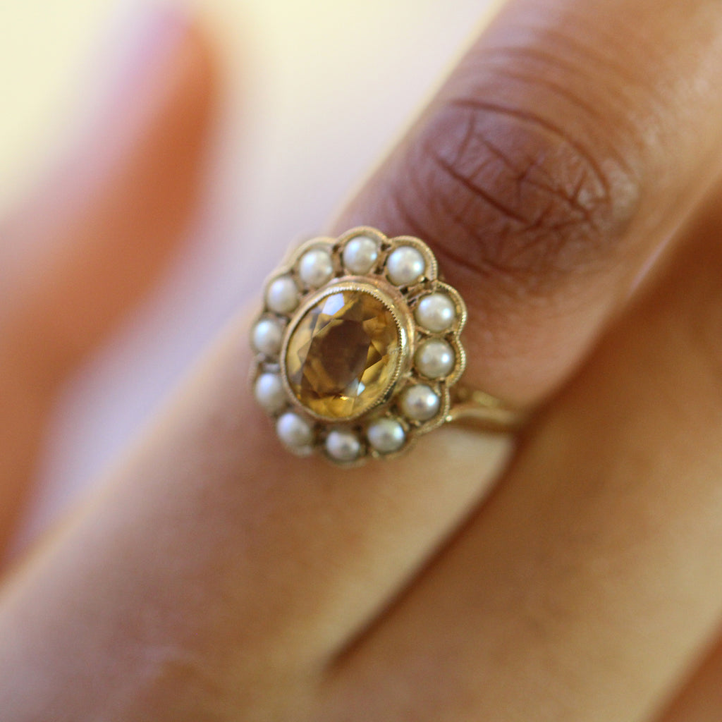 18k yellow gold citrine pearl cluster ring designyard curated vintage jewellery collection dublin ireland