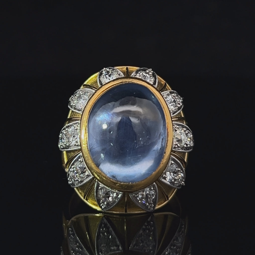 18k yellow gold blue sapphire cabochon diamond statement ring designyard vintage jewellery collection dublin ireland 
