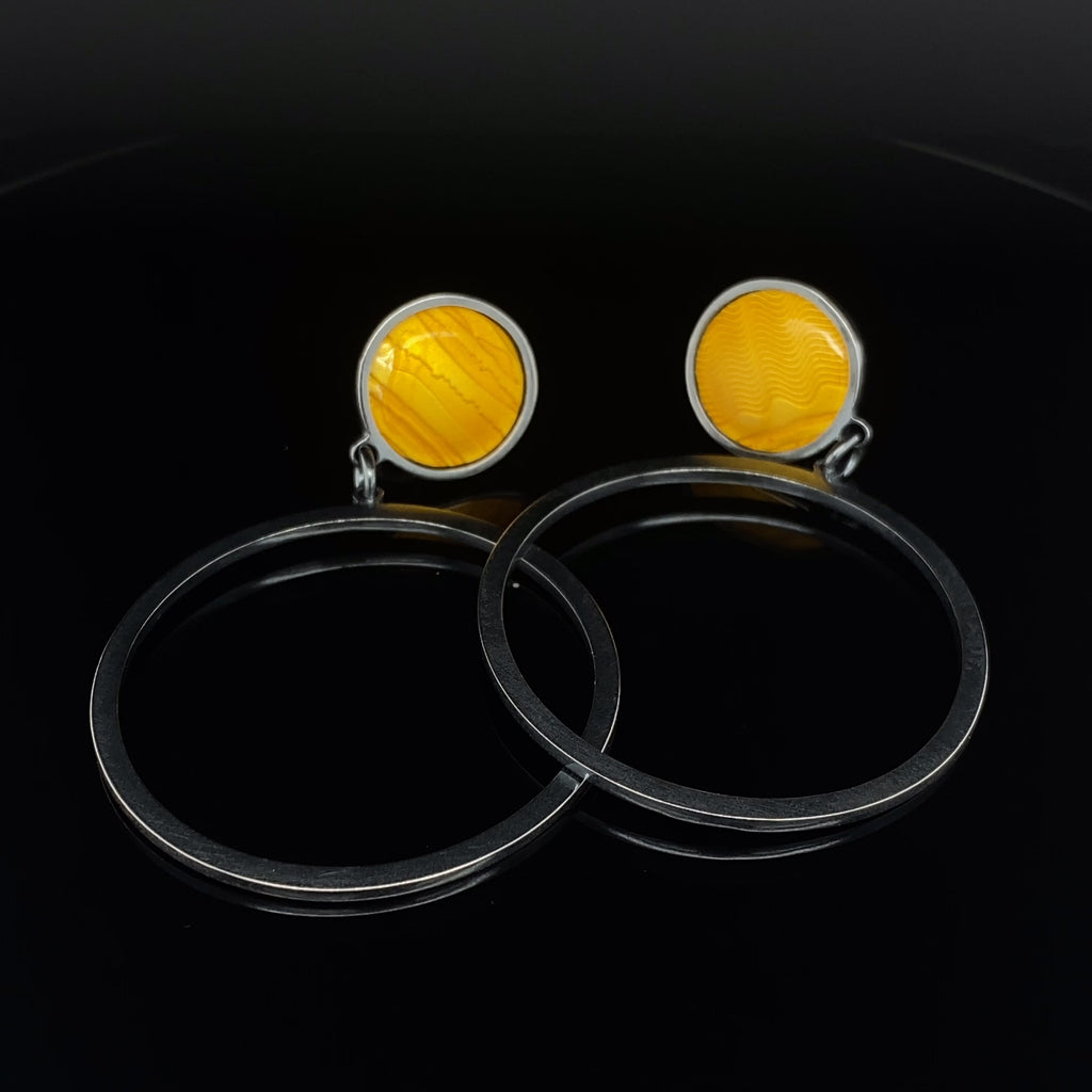Jane Moore - Sterling Silver Oxidised Yellow Enamel Round Drop Earrings - DESIGNYARD, Dublin Ireland.