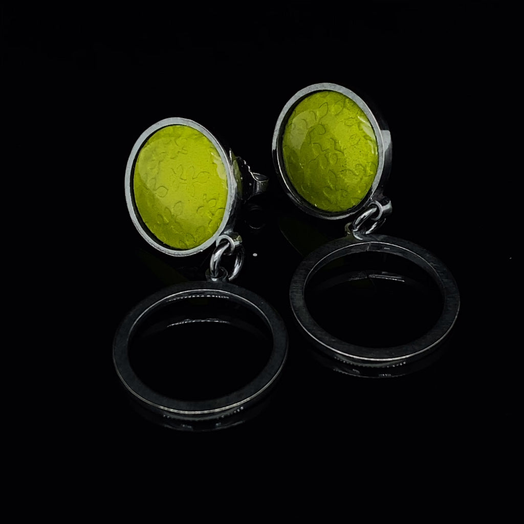 Jane Moore - Sterling Silver Oxidised Green Enamel Round Drop Earrings - DESIGNYARD, Dublin Ireland.
