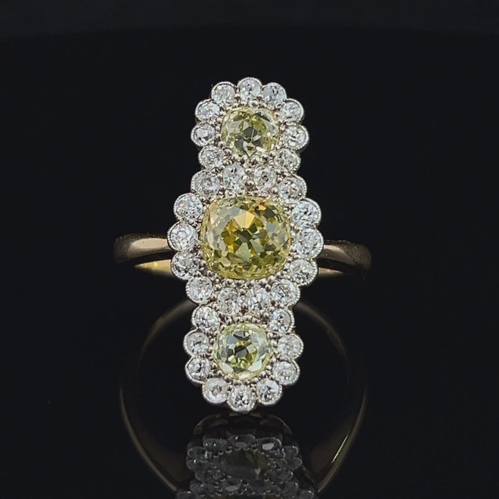 18k yellow white gold yellow diamond three stone statement ring designyard antique jewellery colletion dublin ireland