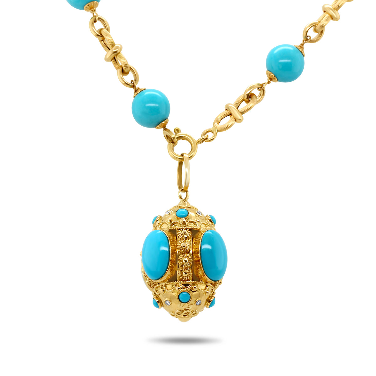 1950s Vintage 18k Yellow Gold Turquoise Diamond Necklace