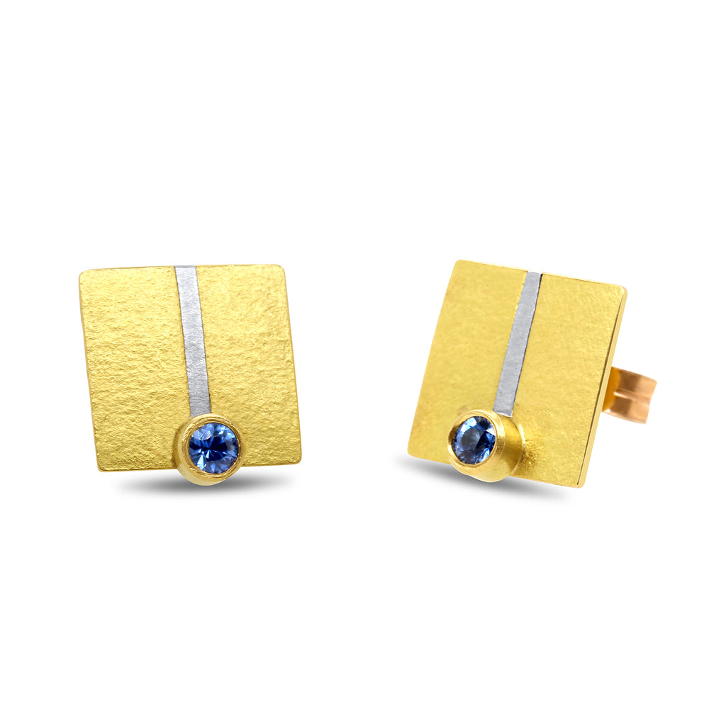 Catherine Mannheim - 18k Yellow Gold Platinum Blue Sapphire Line Earrings - DESIGNYARD, Dublin Ireland.