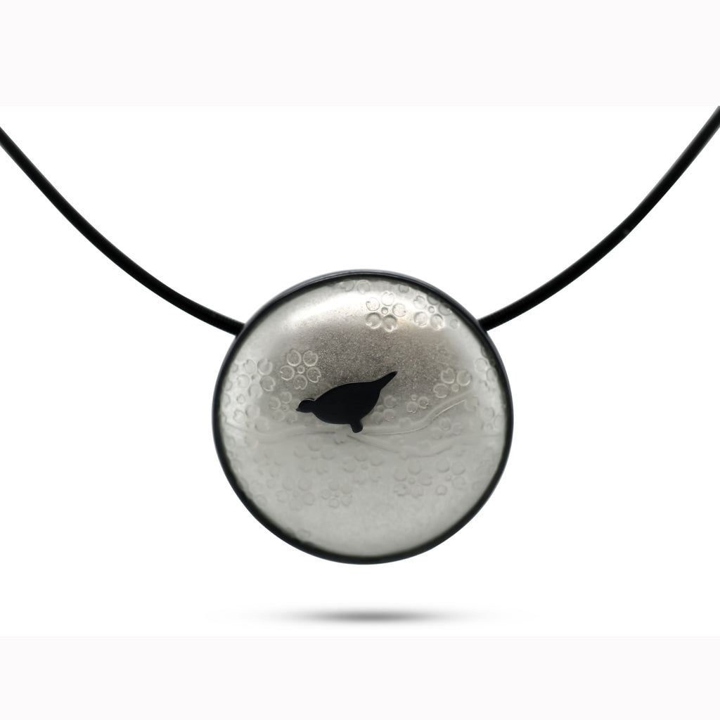 Jane Moore - Sterling Silver Oxidised White Enamel Round Bird Necklace - DESIGNYARD, Dublin Ireland.