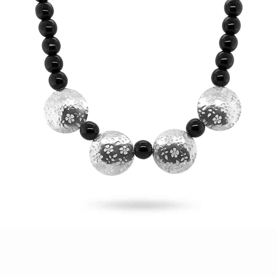 Sterling Silver Black Glass Embossed Flower Necklace DESIGNYARD