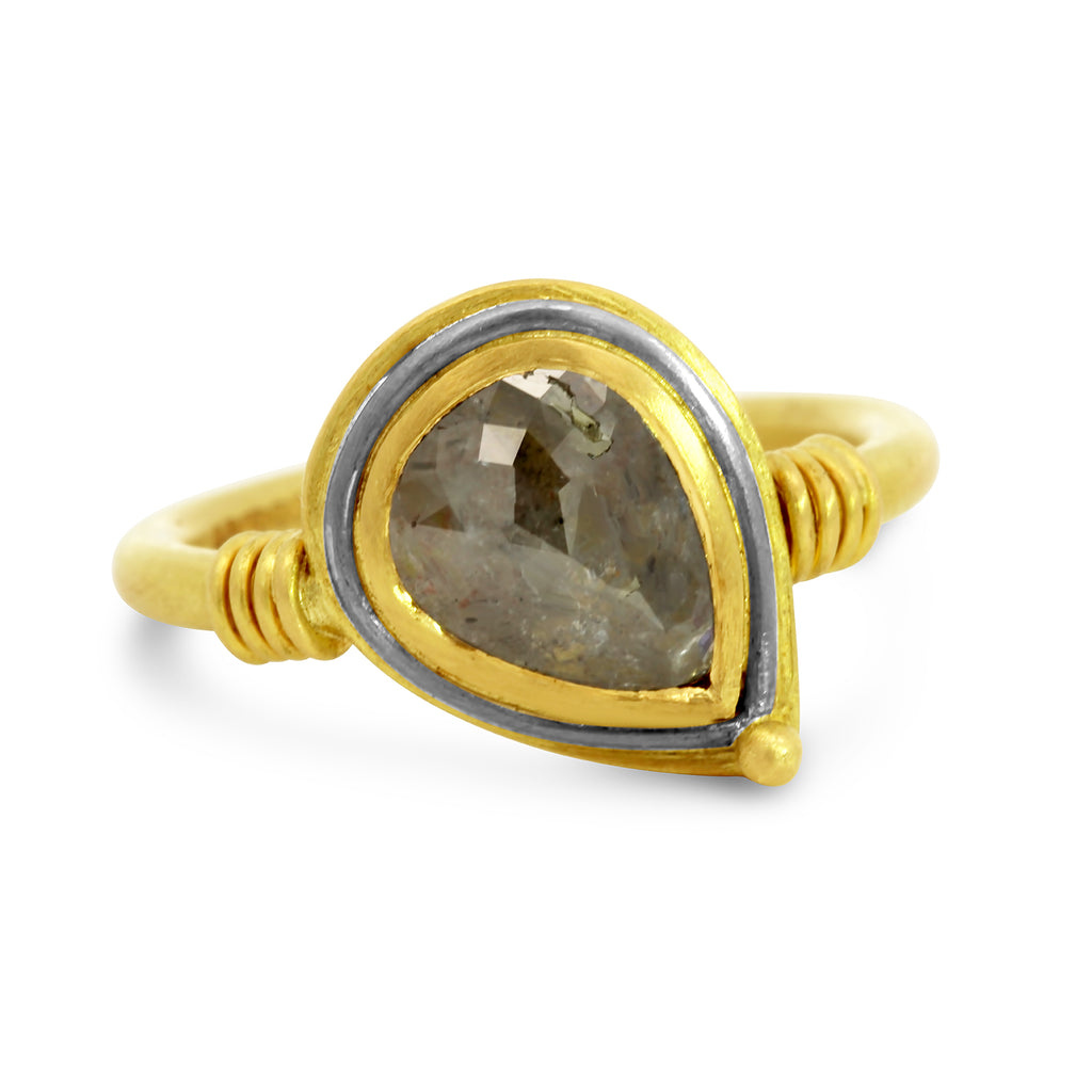 Jean Scott-Moncrieff - 18k Yellow White Gold Rose Cut Pear Diamond Ring - DESIGNYARD, Dublin Ireland.