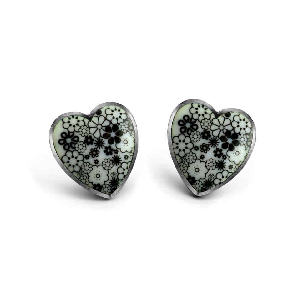 Jane Moore - Sterling Silver Oxidised Black & White Heart Earrings - DESIGNYARD, Dublin Ireland.