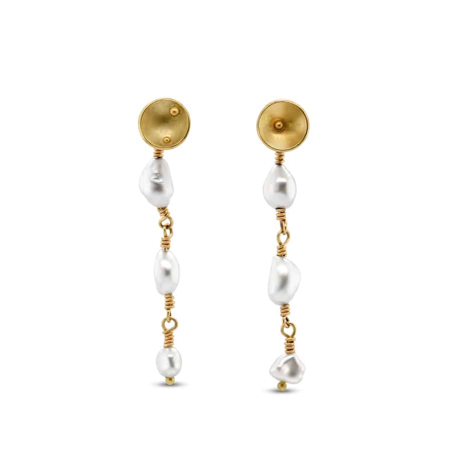 Josephine Bergsøe - 18k 22k Yellow Gold Diatom Pearl Drop Earrings - DESIGNYARD, Dublin Ireland.