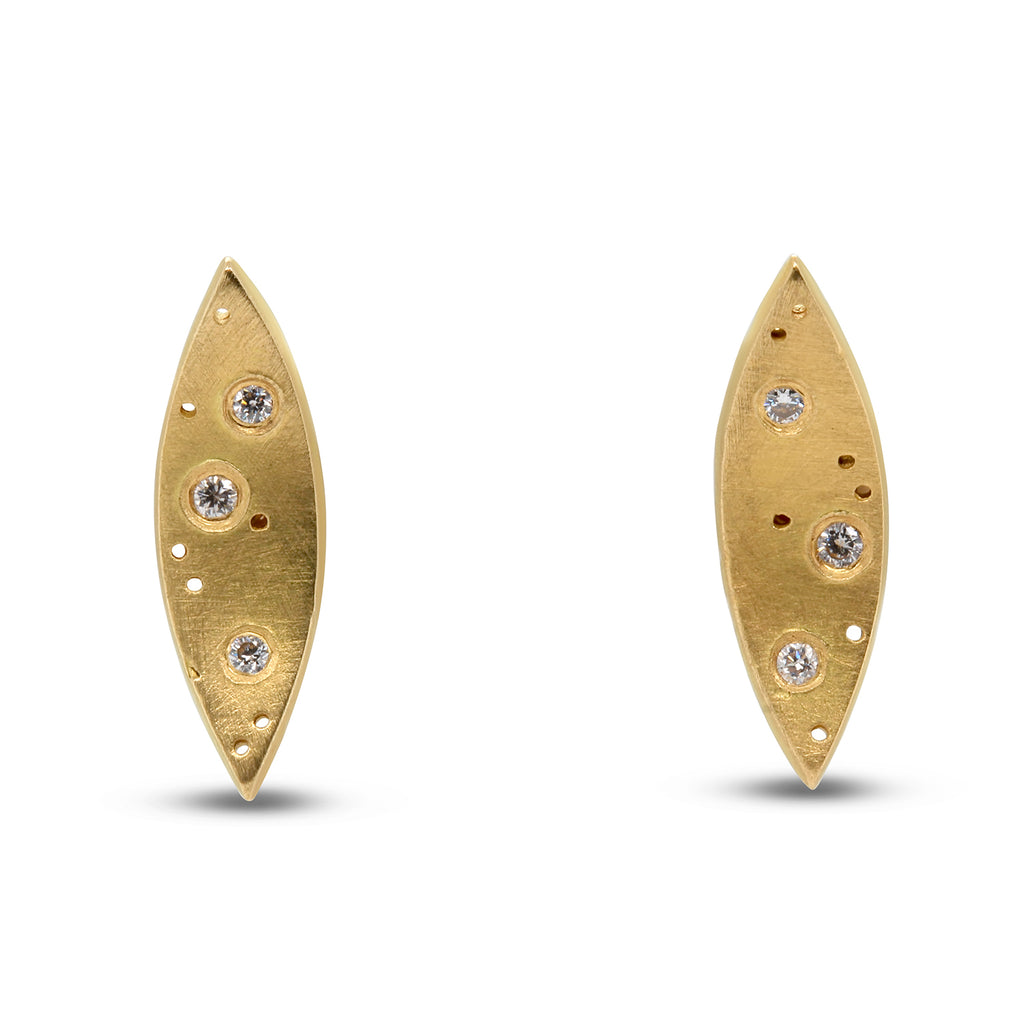 Kate Smith - 18k Yellow Gold Spotty Leaf Diamond Earrings - DESIGNYARD, Dublin Ireland.