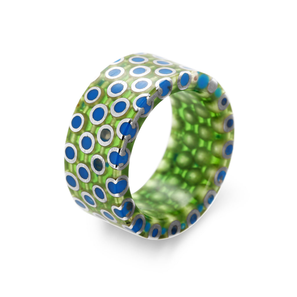 Monika Jakubec - Silver Green Blue Resin Chain Sphere Ring - DESIGNYARD, Dublin Ireland.