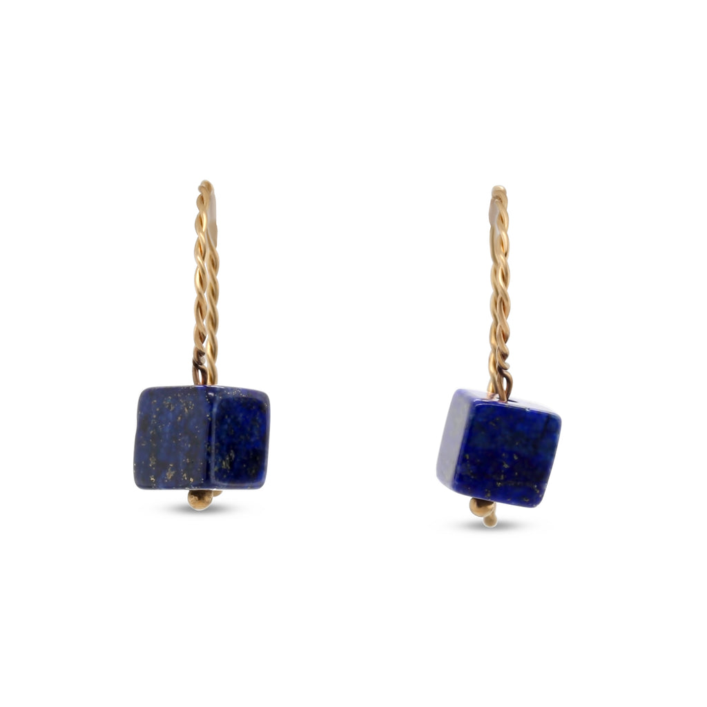 Nicole Van Der Wolf - 9k Yellow Gold Lapis Lazuli Cube Earrings - DESIGNYARD, Dublin Ireland.
