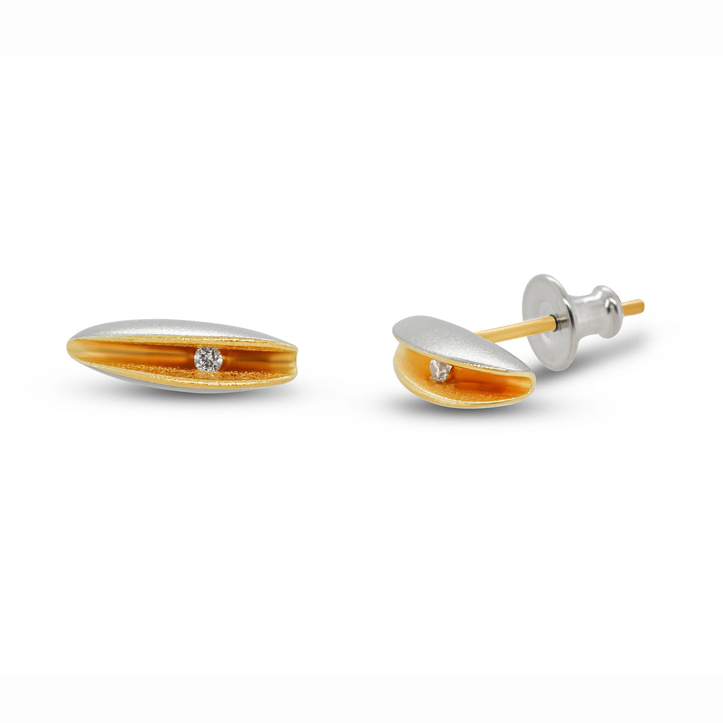 Paul Finch - Silver 22k Yellow Gold Diamond Shell Stud Earrings - DESIGNYARD, Dublin Ireland.