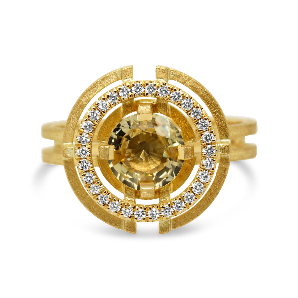 Shimell And Madden - 18k Yellow Gold Three Circle Yellow Sapphire Compass Diamond Ring - DESIGNYARD, Dublin Ireland.