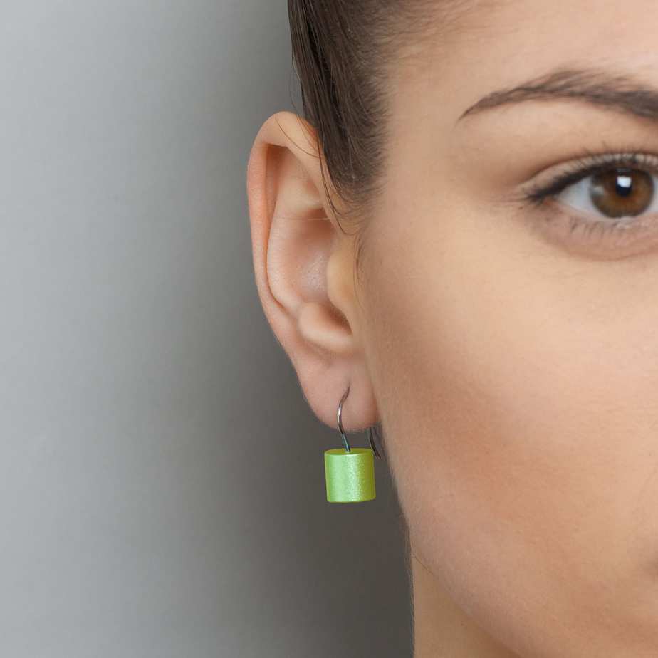Ursula Muller - Lime Green Aluminium Roller Earrings - DESIGNYARD, Dublin Ireland.
