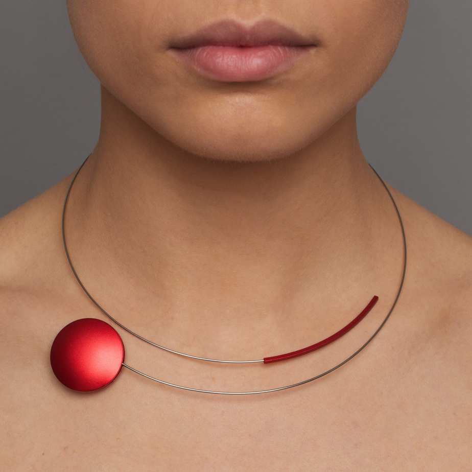 Ursula Muller - Red Disc Aluminium Stainless Steel Necklace - DESIGNYARD, Dublin Ireland.