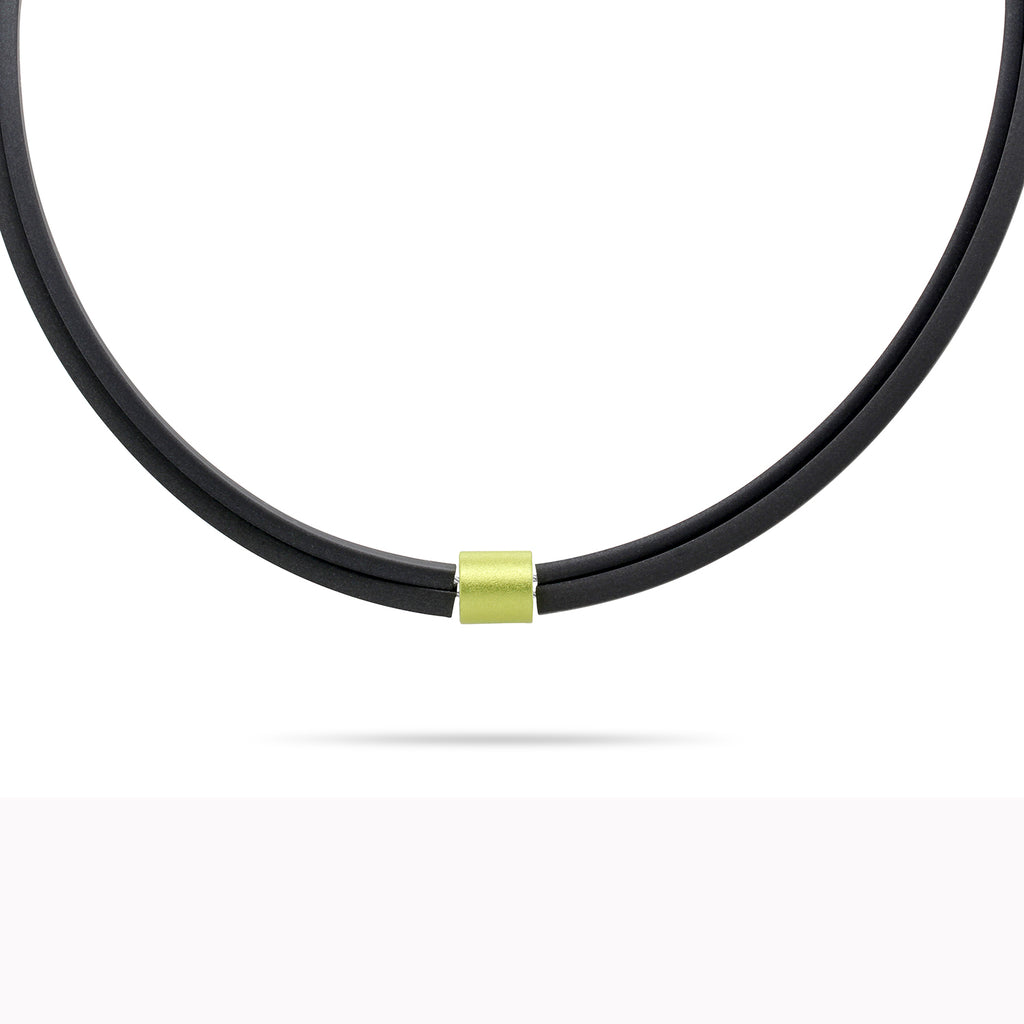 Ursula Muller - Black Rubber Lemon Green Aluminium Roller Necklace - DESIGNYARD, Dublin Ireland.