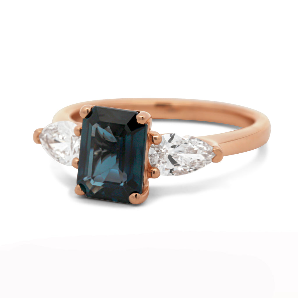 Photograph 1 of 18k Rose Gold Blue Sapphire Pear Diamond Engagement Ring. Available on DESIGNYARD.com and in our Contemporary Jewellery Shop Dublin, Ireland. Free Worldwide Shipping with DHL.