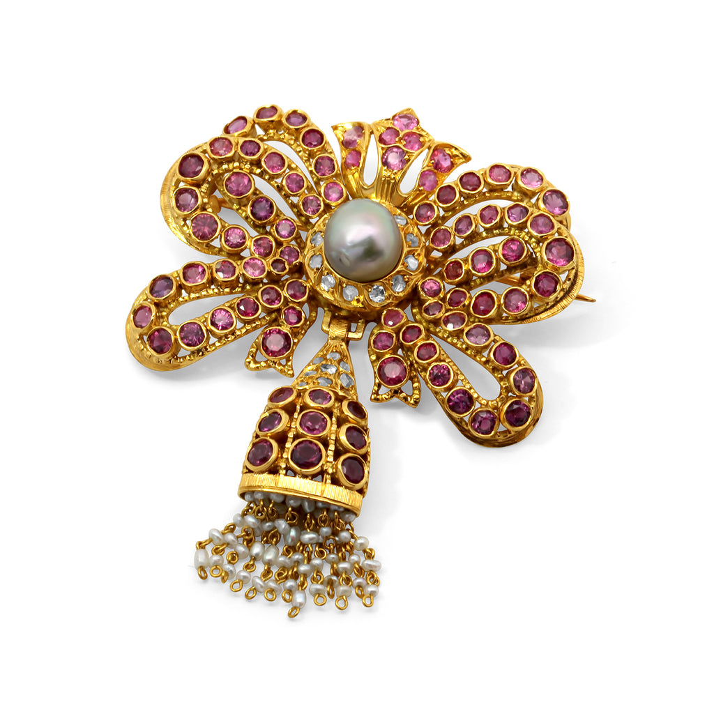18k yellow gold ruby pearl brooch designyard vintage jewellery collection dublin ireland