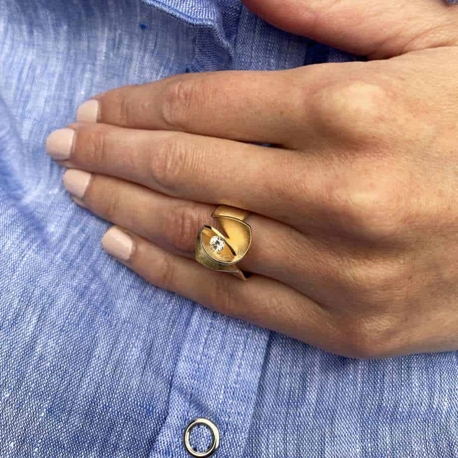 Photograph 8 of Cardillac's Contemporary 18k Yellow Gold Diamond Iris Alternative Engagement Ring. Available on DESIGNYARD.com and in our Jewellery Shop Dublin, Ireland. Free Worldwide Shipping with DHL.