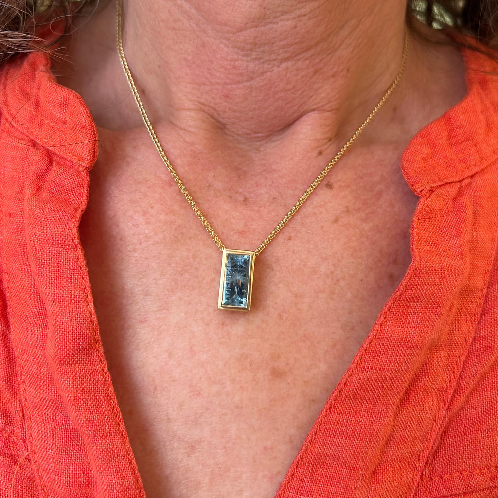 Photograph 3 of 18k Fair Trade Yellow Gold Tenues Bezəl Mirror Aquamarine Pendant. Available on DESIGNYARD.com and in our Jewellery Shop Dublin, Ireland. #1 for Contemporary Jewelery.