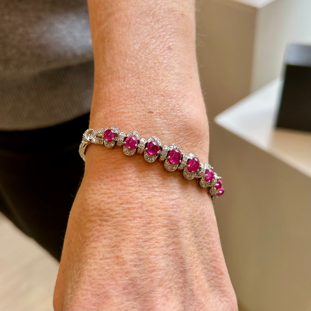 Photograph 5 of Vintage 18k White Gold Ruby Diamond Bracelet. Available on DESIGNYARD.com and in our Jewellery Shop Dublin, Ireland. Free Worldwide Shipping with DHL.