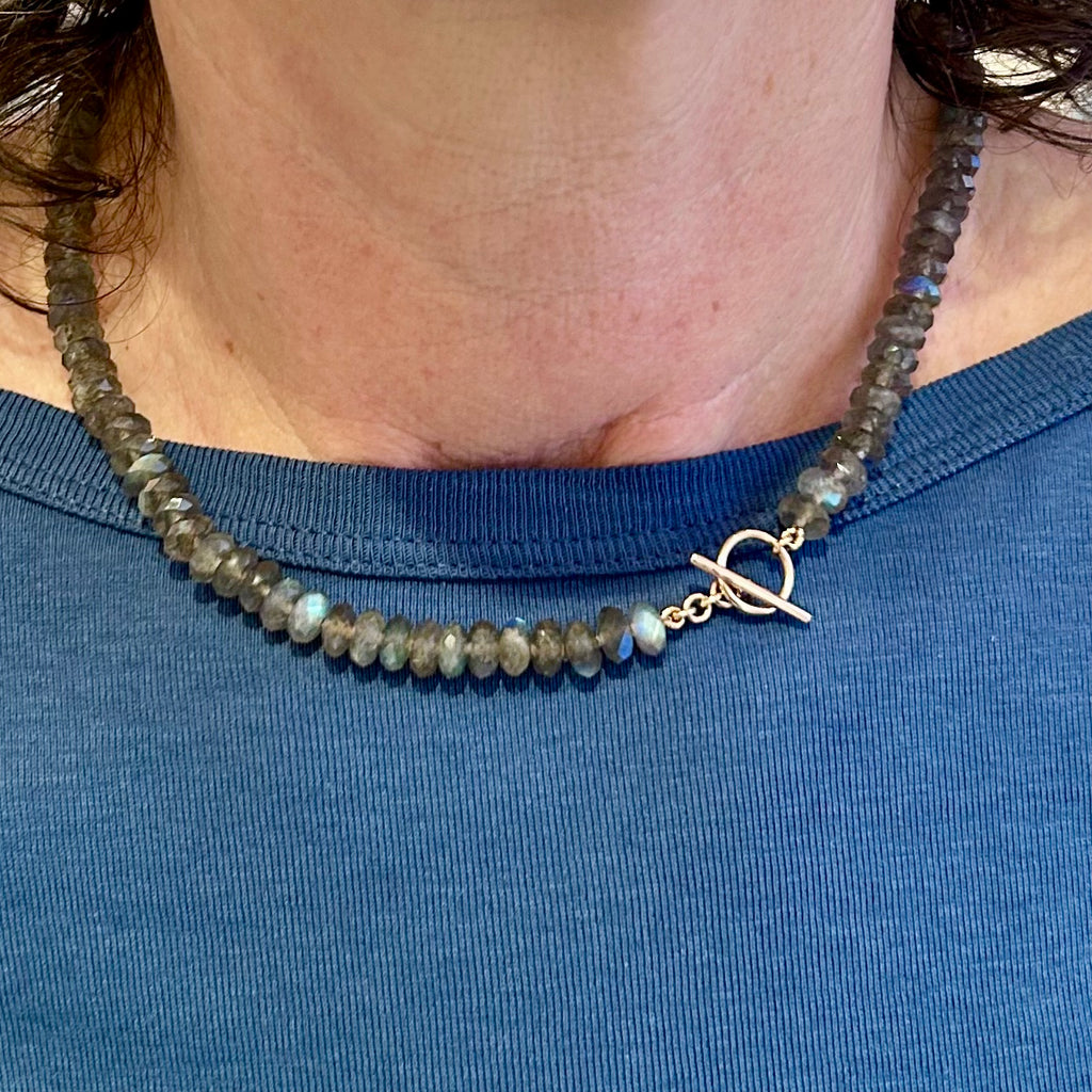 Photograph 2 of Nicole van der Wolf's Contemporary 14k Rose Gold Labradorite Necklace. Available on DESIGNYARD.com and in our Jewellery Shop Dublin, Ireland. Free Worldwide Shipping with DHL.