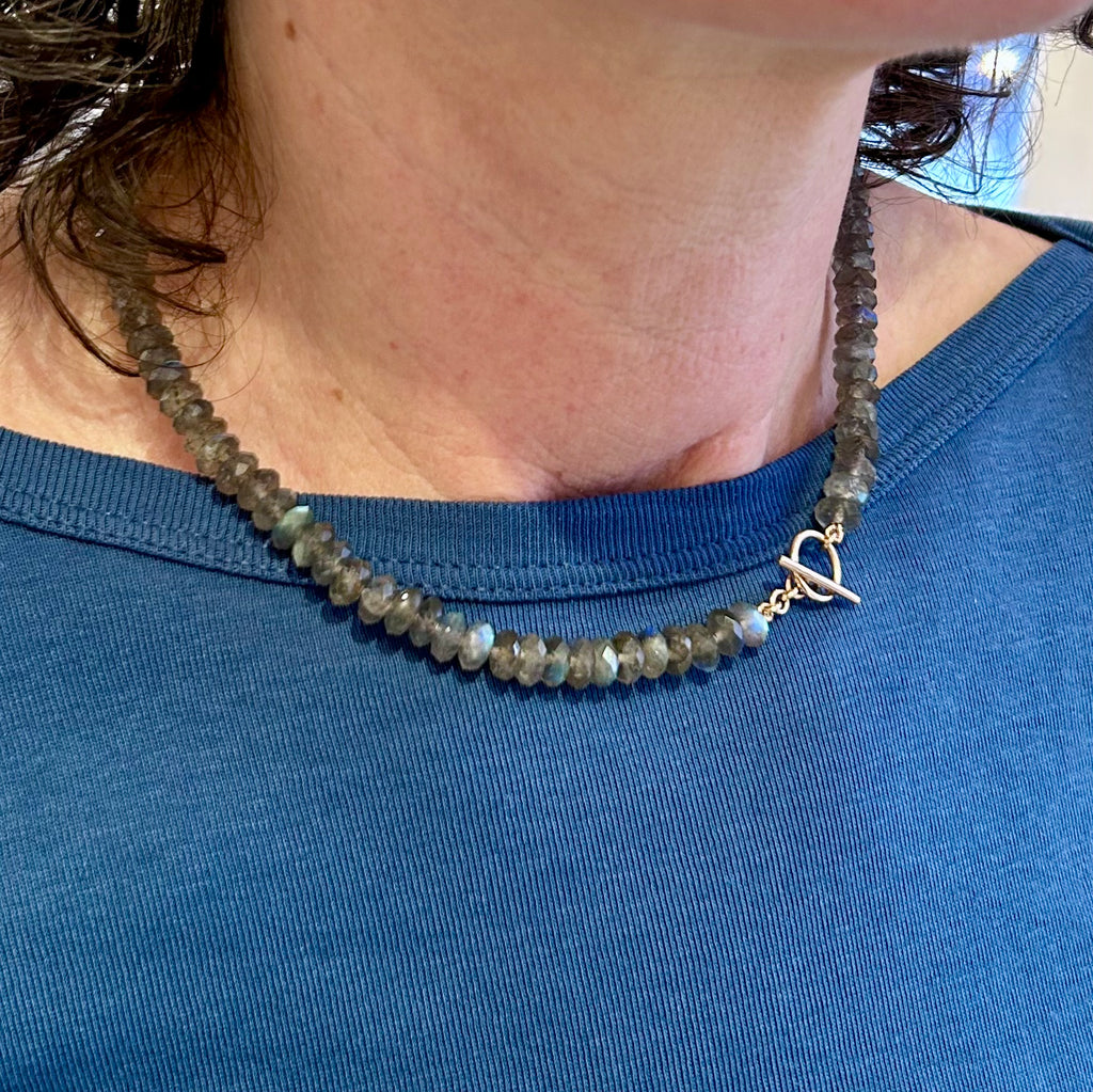 Photograph 4 of Nicole van der Wolf's Contemporary 14k Rose Gold Labradorite Necklace. Available on DESIGNYARD.com and in our Jewellery Shop Dublin, Ireland. Free Worldwide Shipping with DHL.