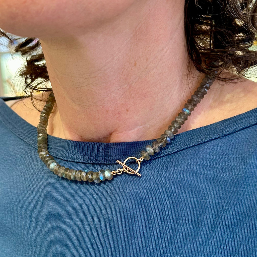 Photograph 3 of Nicole van der Wolf's Contemporary 14k Rose Gold Labradorite Necklace. Available on DESIGNYARD.com and in our Jewellery Shop Dublin, Ireland. Free Worldwide Shipping with DHL.