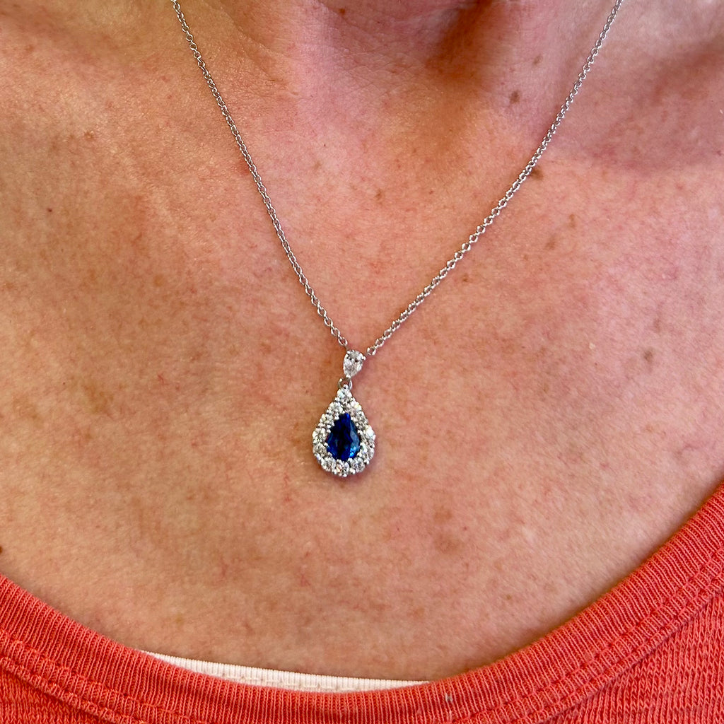 Photograph 2 of Elegant 18k White Gold Blue Sapphire Diamond Pirum Pendant. Available on DESIGNYARD.com and in our Jewellery Shop Dublin, Ireland. Free Worldwide Shipping with DHL.