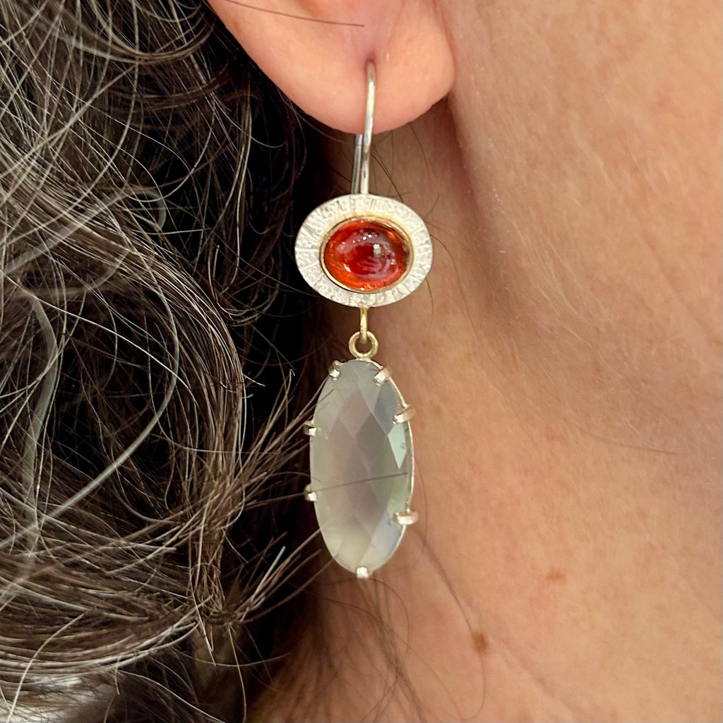 Photograph 2 of Catherine Mannheim's 18k Yellow Gold Silver Citrine Moonstone Drop Earrings. Available on DESIGNYARD.com and in our Jewelry Store Dublin, Ireland. Free Worldwide Shipping with DHL.