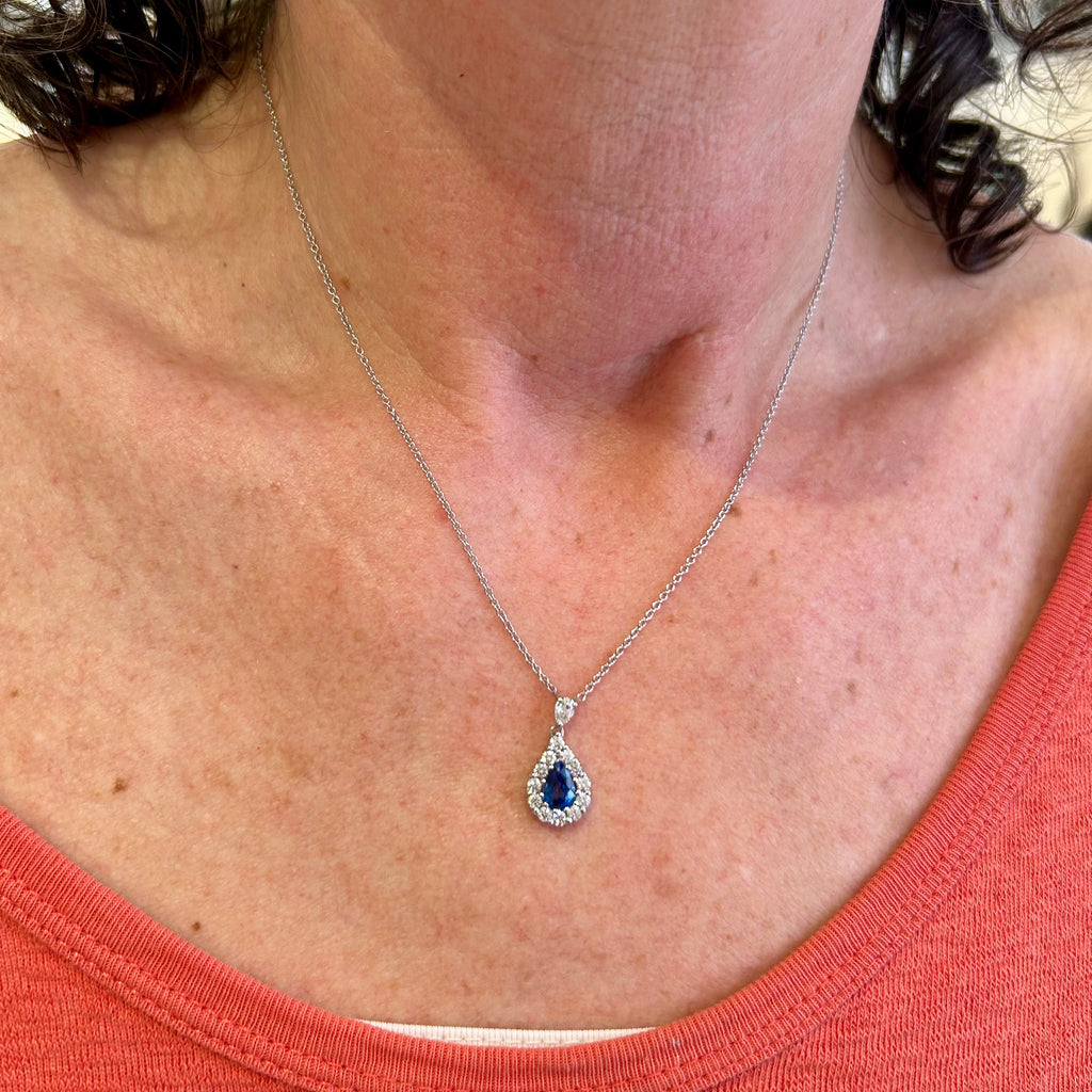 Photograph 3 of Elegant 18k White Gold Blue Sapphire Diamond Pirum Pendant. Available on DESIGNYARD.com and in our Jewellery Shop Dublin, Ireland. Free Worldwide Shipping with DHL.