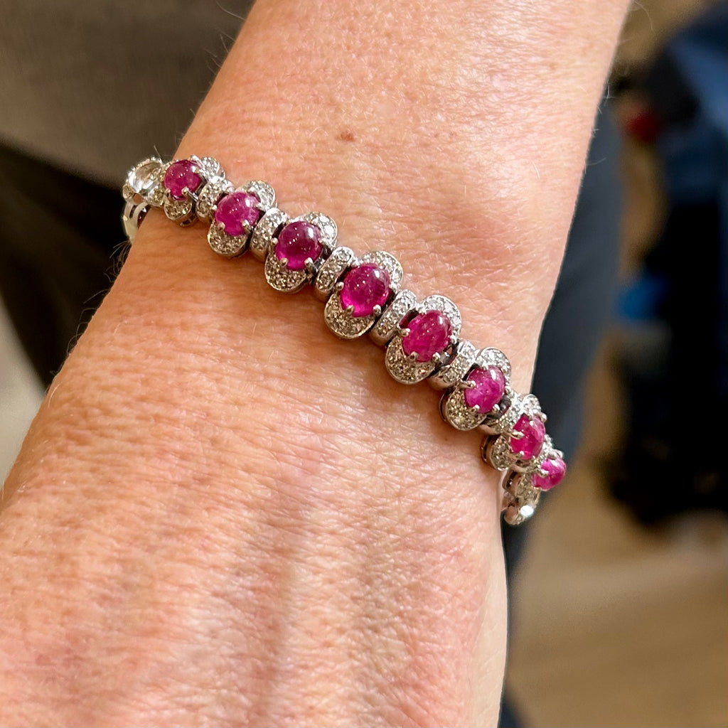 Photograph 2 of Vintage 18k White Gold Ruby Diamond Bracelet. Available on DESIGNYARD.com and in our Jewellery Shop Dublin, Ireland. Free Worldwide Shipping with DHL.