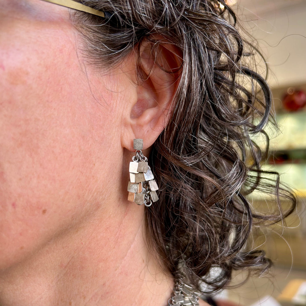 Photograph 3 of Alison Evans's Contemporary Sterling Silver Shake Drop Statement Earrings. Available  on DESIGNYARD.com and in our Jewellery Shop Dublin, Ireland. Free Worldwide Shipping with DHL.