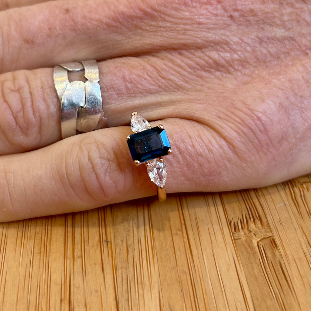 Photograph 2 of 18k Rose Gold Blue Sapphire Pear Diamond Engagement Ring. Available on DESIGNYARD.com and in our Contemporary Jewellery Shop Dublin, Ireland. Free Worldwide Shipping with DHL.