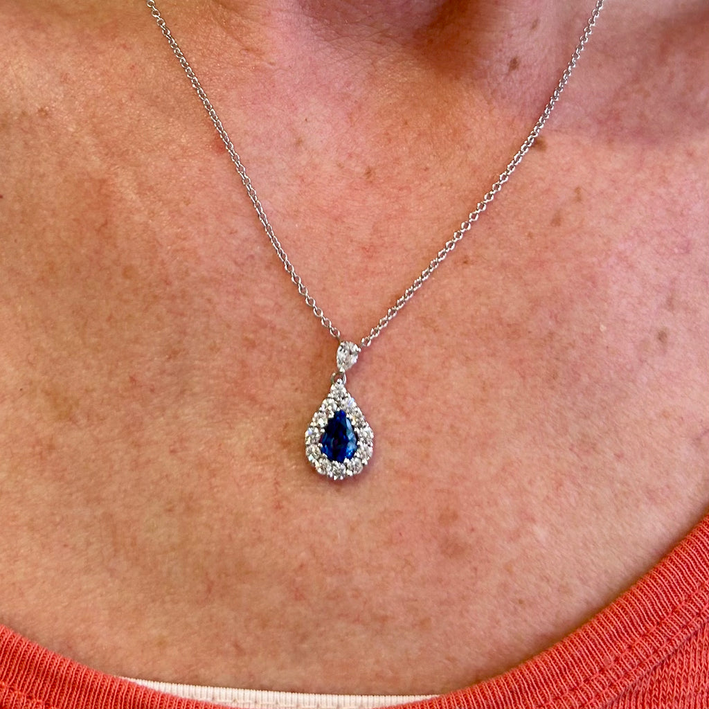 Photograph 4 of Elegant 18k White Gold Blue Sapphire Diamond Pirum Pendant. Available on DESIGNYARD.com and in our Jewellery Shop Dublin, Ireland. Free Worldwide Shipping with DHL.