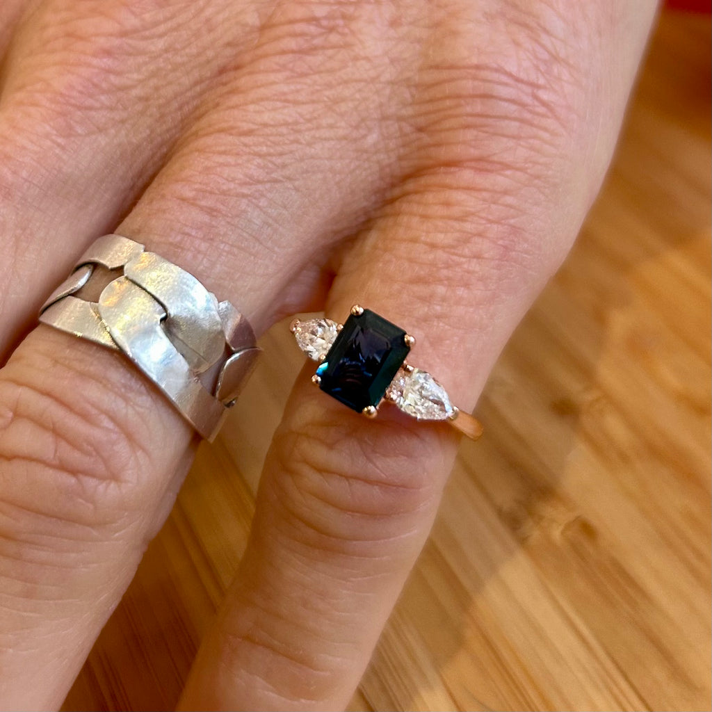 Photograph 5 of 18k Rose Gold Blue Sapphire Pear Diamond Engagement Ring. Available on DESIGNYARD.com and in our Contemporary Jewellery Shop Dublin, Ireland. Free Worldwide Shipping with DHL.