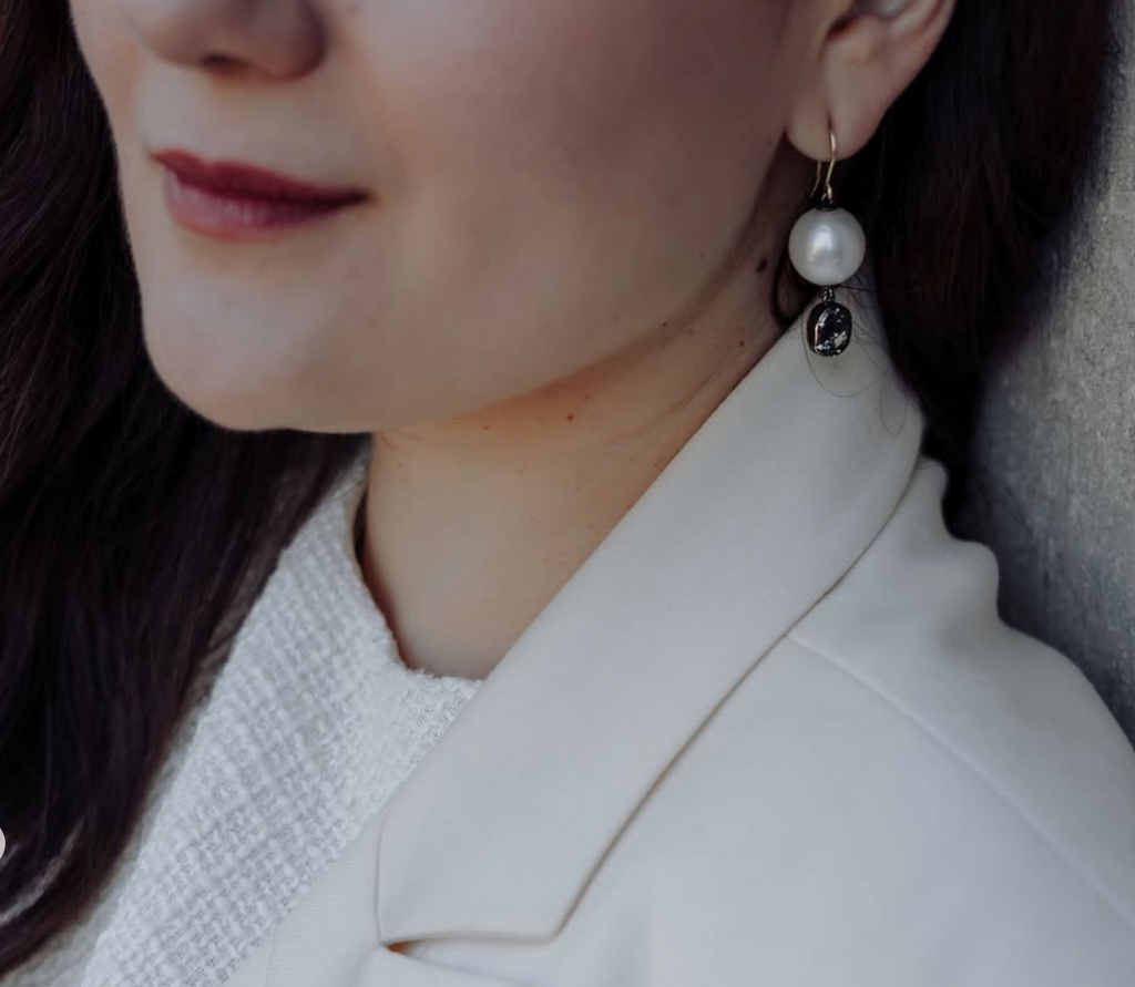 Photograph 2 of Sam Lafford's 18k Yellow Gold Oxi South Sea Pearl & Spinel Earrings. Available on DESIGNYARD.com and in our Contemporary Jewellery Shop Dublin, Ireland. Free Worldwide Shipping with DHL.