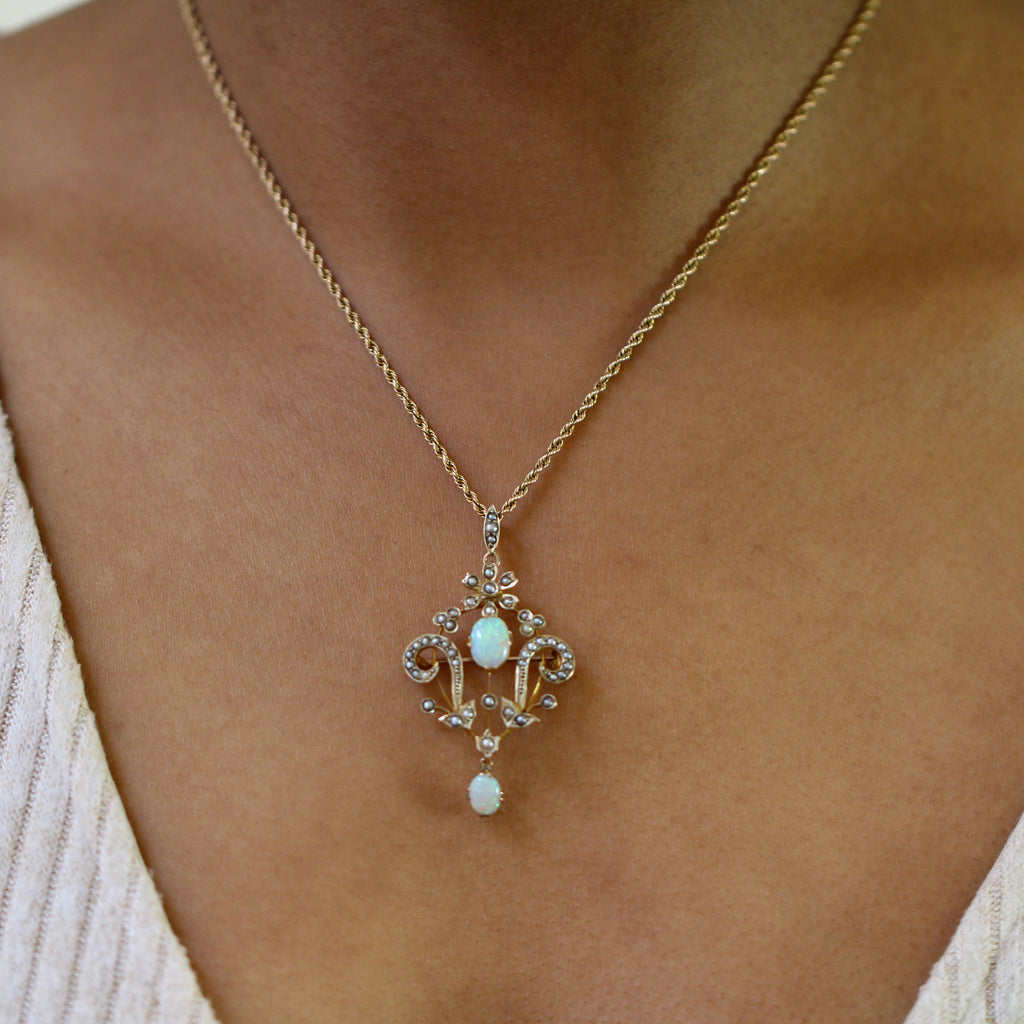 Photograph 3 of Edwardian Natural Opal Seed Pearl Pendant Brooch Necklace. Available on DESIGNYARD.com and in our Jewelry Store Dublin, Ireland. Free Worldwide Shipping with DHL.
