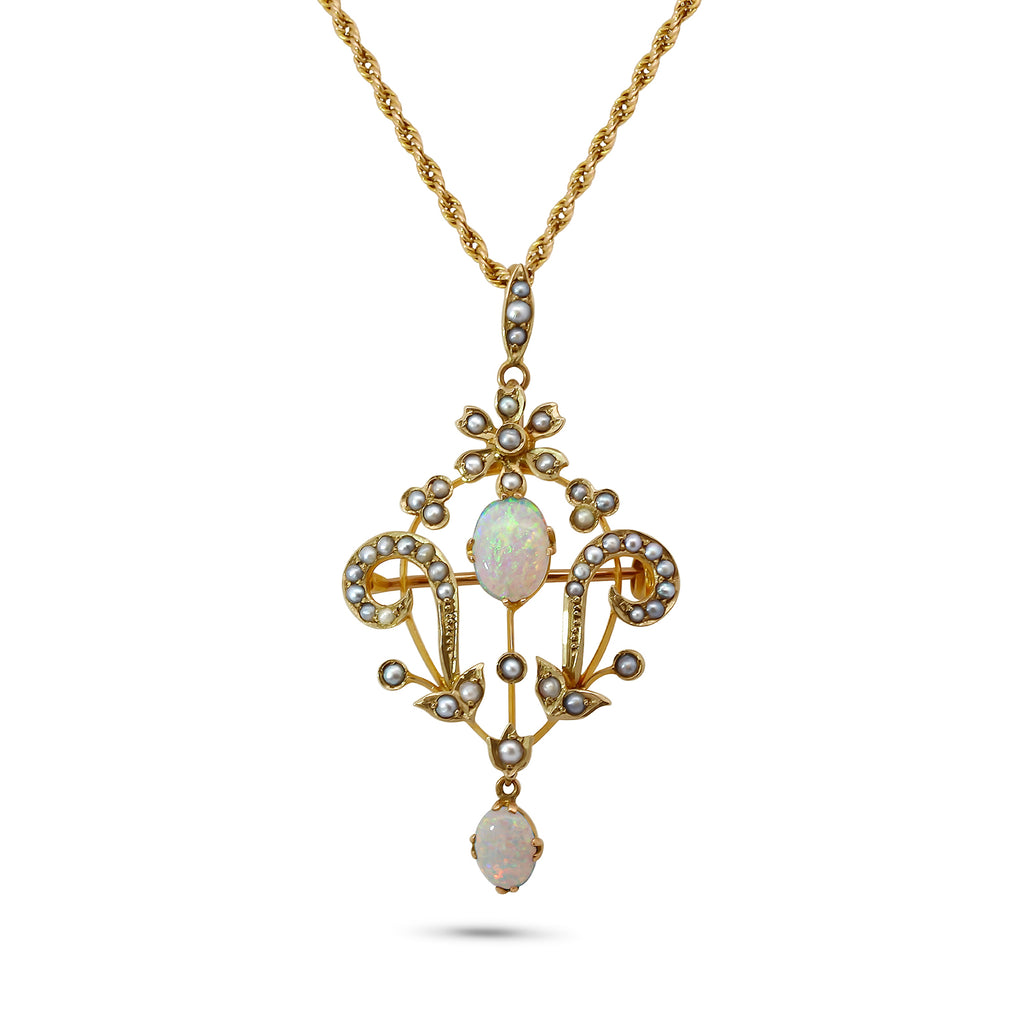 edwardian natural opal seed pearl pendant brooch necklace designyard curated vintage jewellery collection