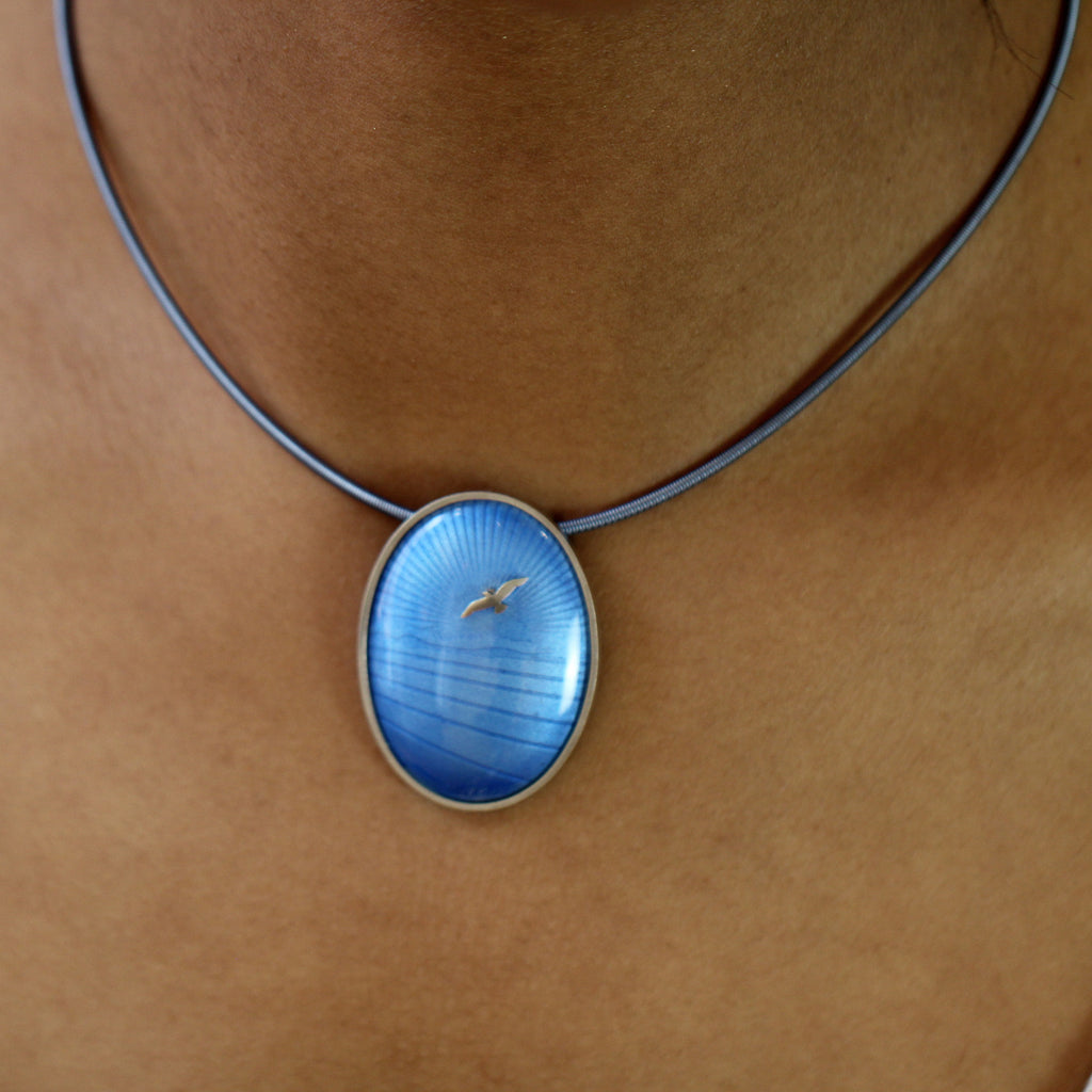 jane moore silver pale blue bird enamel necklace designyard contemporary jewellery gallery dublin ireland