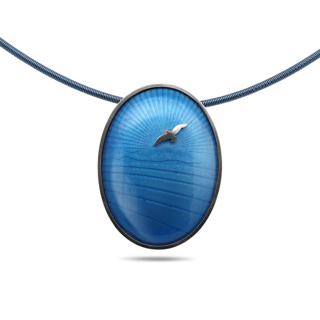 jane moore silver pale blue bird enamel necklace designyard contemporary jewellery gallery dublin ireland