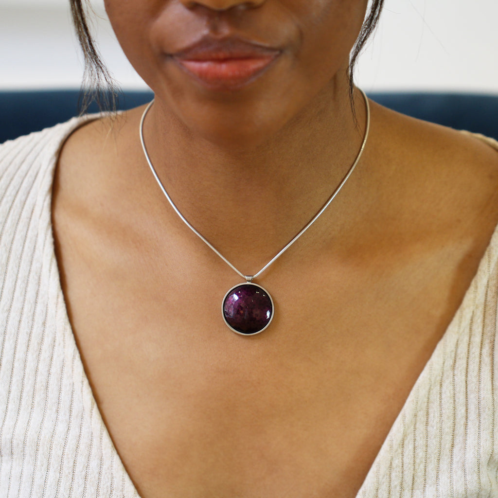 Photograph 2 of Jane Moore's Sterling Silver Plum Enamel Necklace. Available on DESIGNYARD.com and in our Jewellery Shop Dublin, Ireland.