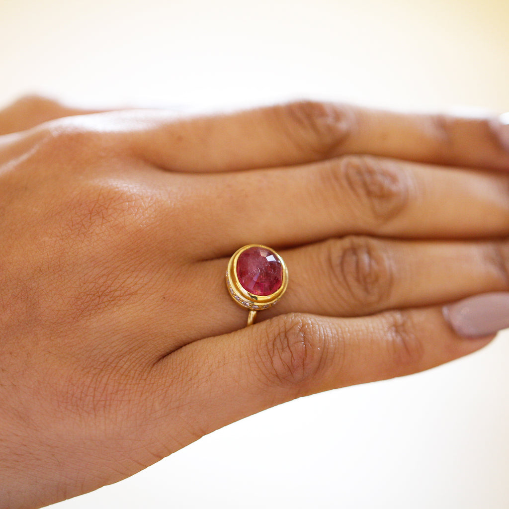 Josephine Bergsøe - 18k 22k Yellow Gold Large Ruby Diamond Ring - DESIGNYARD, Dublin Ireland.