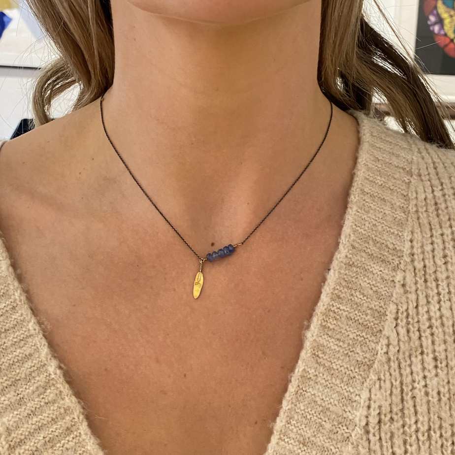 Josephine Bergsøe - 18k 24k Yellow Gold Sapphire Leaf Necklace - DESIGNYARD, Dublin Ireland.