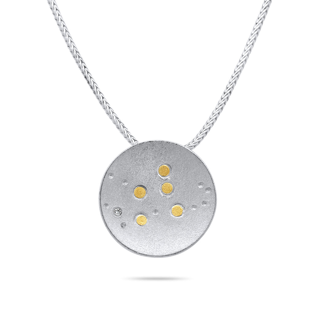 Photograph 1 of Manu's Contemporary Sterling Silver 24k Yellow Gold Virgo Star Sign Diamond Pendant. Available on DESIGNYARD.com and in our Jewellery Shop Dublin, Ireland. Free Worldwide Shipping with DHL.