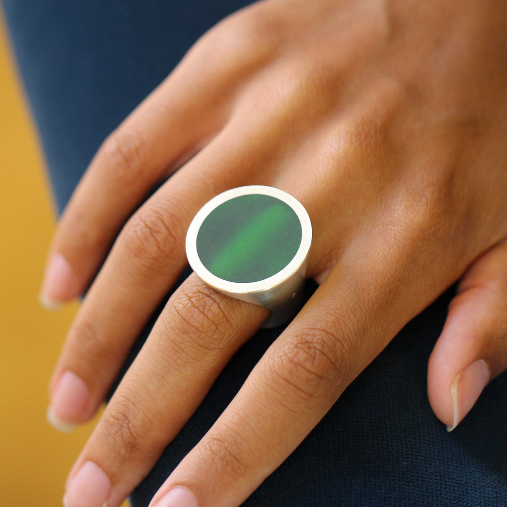 Photograph 2 of Monika Jakubec's Contemporary Sterling Silver Green Resin Cone Ring. Available on DESIGNYARD.com and in our Jewellery Shop Dublin, Ireland. Free Worldwide Shipping with DHL.