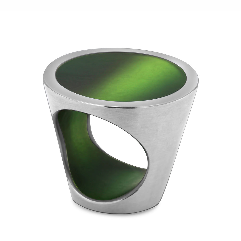 Photograph 1 of Monika Jakubec's Contemporary Sterling Silver Green Resin Cone Ring. Available on DESIGNYARD.com and in our Jewellery Shop Dublin, Ireland. Free Worldwide Shipping with DHL.