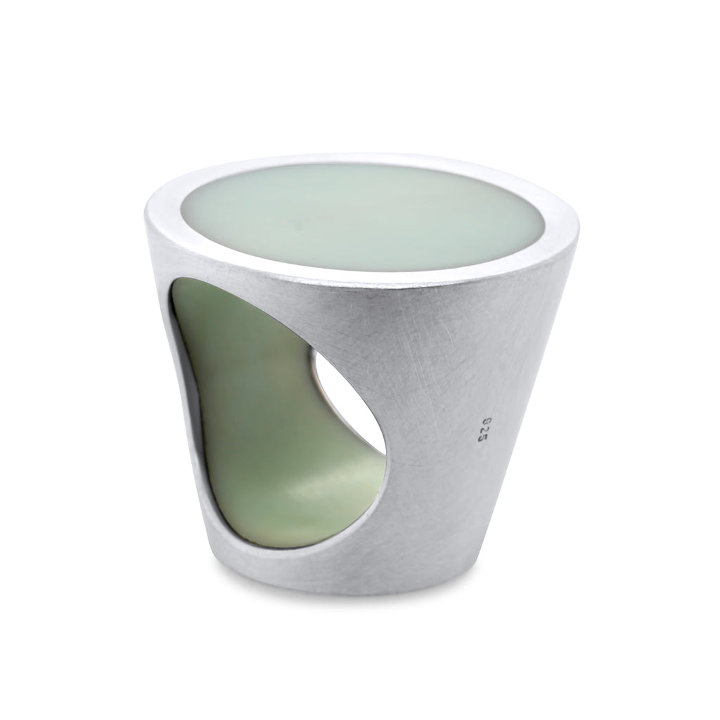 Photograph 1 of Monika Jakubec's Contemporary Silver Light Green Resin Cone Statement Ring. Available DESIGNYARD, Dublin Ireland. Free Worldwide Shipping with DHL.