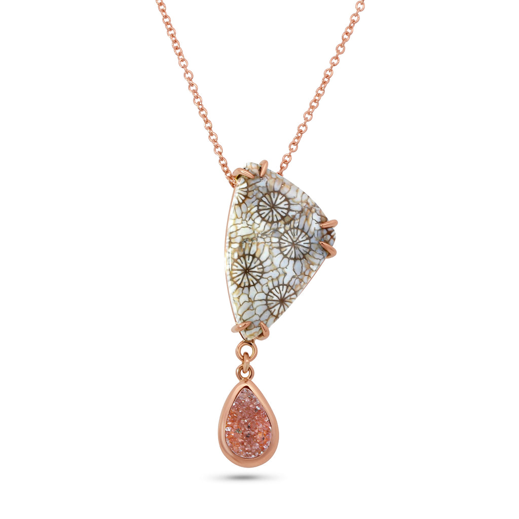 nicole van der wolf 18k 14k rose gold peach quartz druze fossilized coral necklace designyard contemporary jewellery gallery dublin ireland